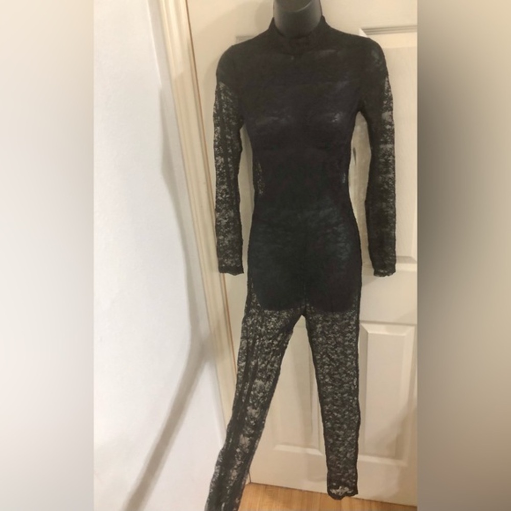 Fitted sexy all lace black mockneck zip up catsuit jumpsuit size medium‎ new